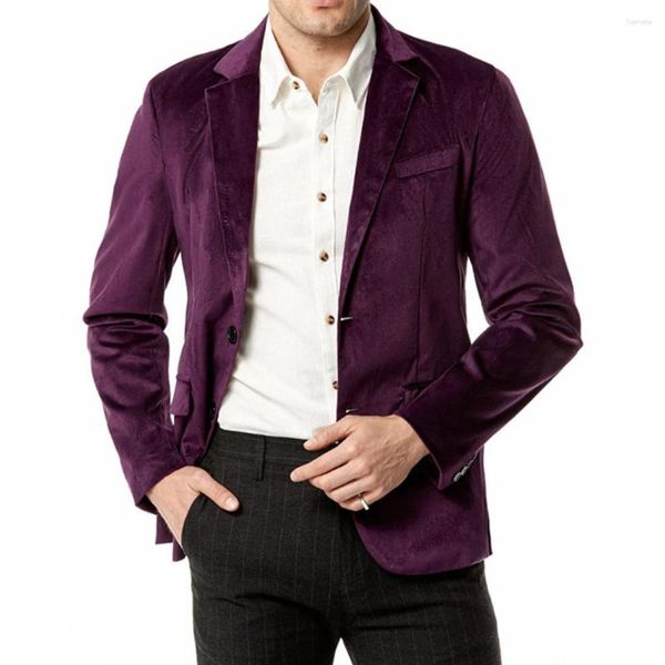 Costumes pour hommes Blazer en velours violet Veste hommes 2023 Automne Simple boutonnage Robe à revers cranté Blazers Hommes Couleur unie Manteau de sport Mâle