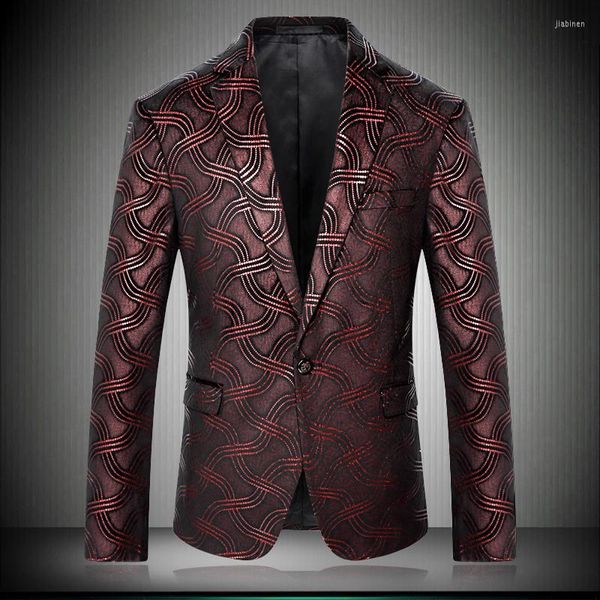 Trajes de hombre de calidad 2023 Slim High Fit Stripe hombres trajes de escenario para cantantes Prom Wine Red Blazers chaqueta de traje masculino 8682