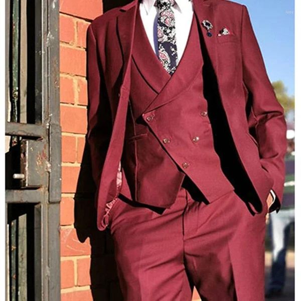 Trajes para hombres rojo casual elegante hombre elegante solapa de solapa delgada blazers hombre hombre de alta calidad set de 3 piezas chaqueta chaleco pantalón homme