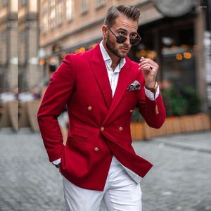 Herenpakken Red Double Breasted Men's Suit Peaked Rapel Blazers Custom Made Male Tuxedos Bruidegom Draag twee stuks prom jas en wit