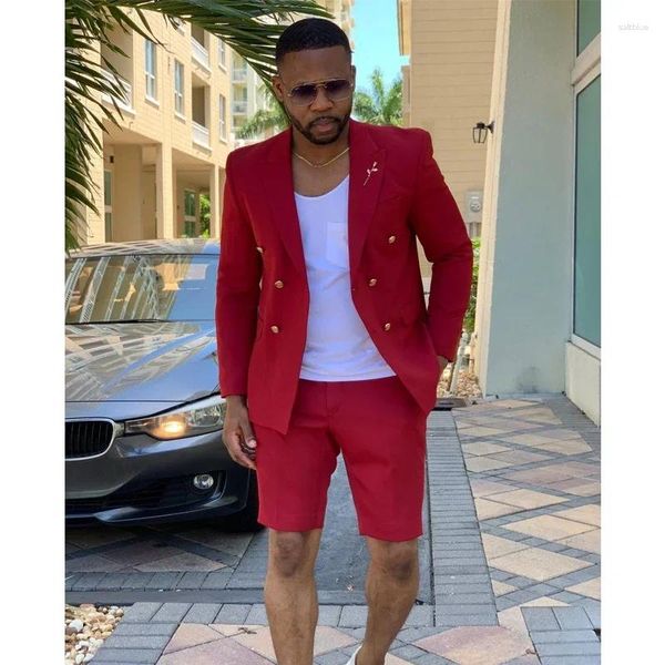 Trajes para hombres Lino rojo Verano Hombres Slim Fit con pantalones cortos Chaqueta cruzada 2 piezas Playa Boda Novio Esmoquin Blazer masculino 2024