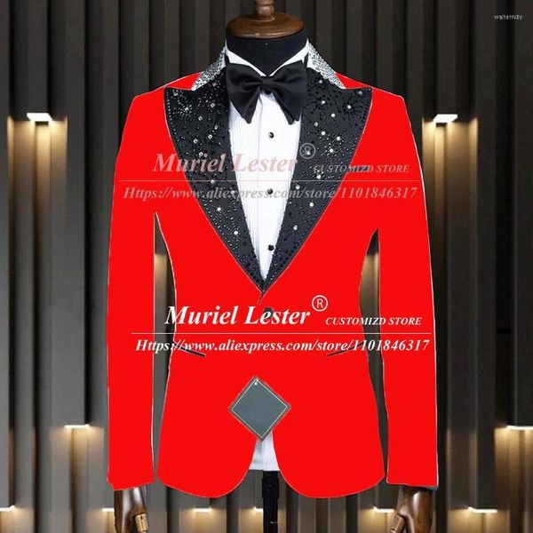 Costumes pour hommes rouge hommes costume vestes sur mesure simple boutonnage marié mariage smoking une pièce perlé satin revers blazer coupe ajustée homme manteau