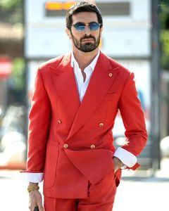 Trajes para hombre, ropa de boda roja para hombre, esmoquin ajustado con doble botonadura para novio, chaqueta a medida personalizada para hombre, pantalones, chaqueta, pantalones, 2 uds.