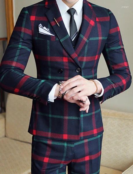 Trajes de hombre a cuadros rojos (chaqueta chaleco pantalón) 2023 traje de fiesta de boda para hombre traje de boda para hombre traje masculino a cuadros estilo británico