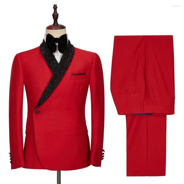 Trajes para hombre, chal rojo, solapa, moda, ajustado, para hombre, para lentejuelas, conjunto de traje de dos piezas, último modelo 2023