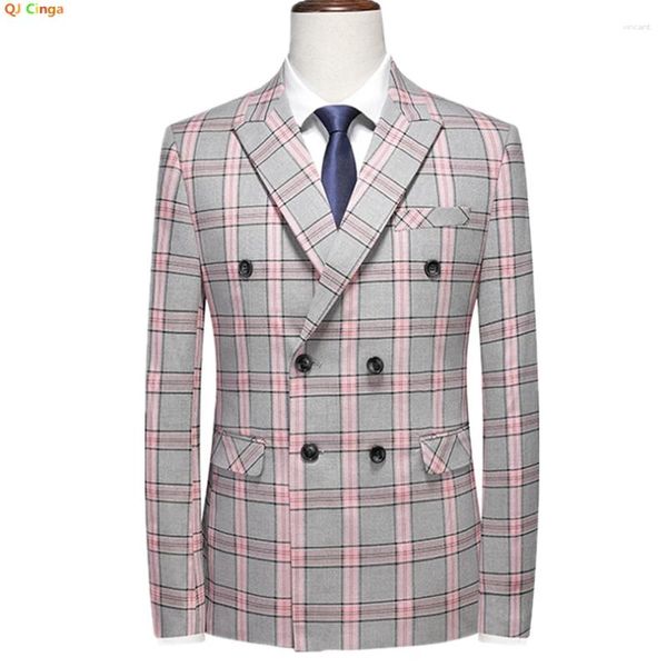 Trajes para hombres chaqueta de traje a cuadros de rayas rojas de doble pecho en vestino en vestino de cubo de cuello de pecho