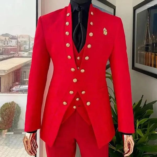 Trajes para hombre, traje rojo para hombre, boda, doble botonadura, corte entallado, ropa de novio de negocios, conjunto de tres piezas (chaqueta, pantalones, chaleco)