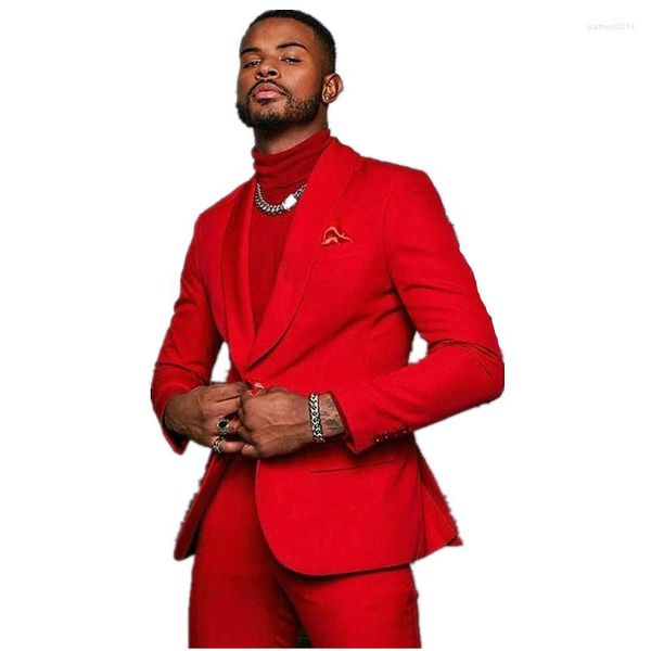 Trajes para hombres Esmoquin de boda rojo Guapo para hombre Novio Mantón de solapa Blazer Slim Fit Fiesta de graduación de negocios Chaqueta con un botón Pantalones