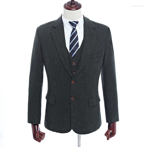 Trajes para hombre estilo caballero retro verde oscuro tejido Highland lana Tweed corte entallado para hombre 3 piezas boda a medida