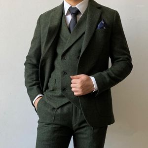 Herenpakken ricodesign heren slanke fit formeel zakelijk pak set 3 stuks groene tweed jas broek vest mode winter op maat