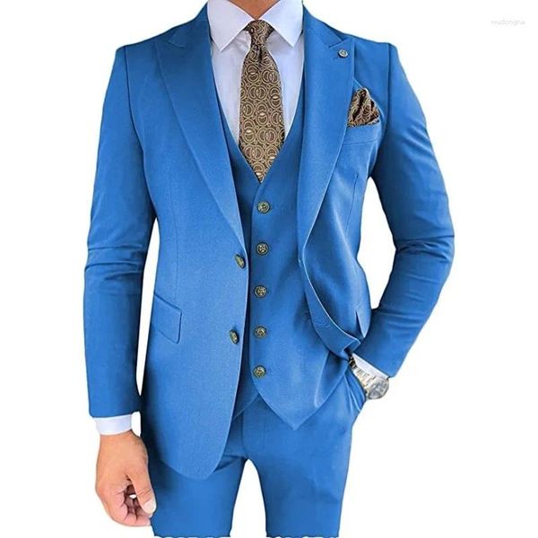 Trajes de hombre Royal Blue Black Pink Peaked LapelMen Conjuntos de boda para novio de 3 piezas Chaqueta formal de negocios Chaleco Pantalones Vestido Blazer de esmoquin