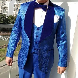 Trajes de hombre, esmoquin Floral azul real para novio, para boda, hombre Formal con chal de terciopelo, solapa, padrinos de boda, cena de graduación, chaqueta masculina