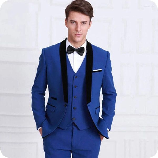 Costumes pour hommes bleu Royal hommes mariage pour homme Blazer costume noir châle revers 3 pièces veste pantalon gilet garçons d'honneur marié smoking