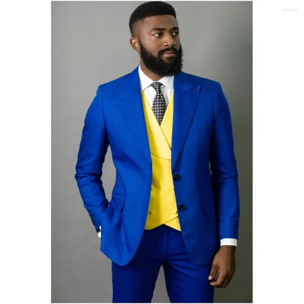 Suits para hombres Royal Blue Men with Yellow Vest 3 PCS Coso de boda Disfraz de boda Homme Blazer Blazer Jack