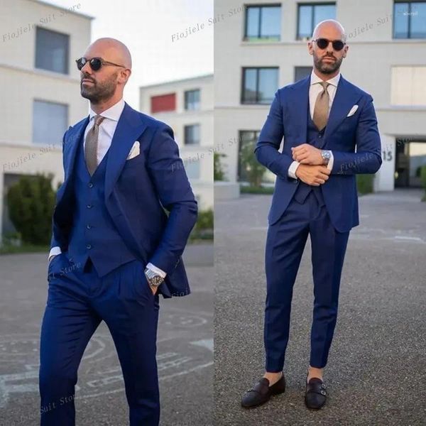 Trajes de hombre azul real para hombre, esmoquin de boda, ropa de dos botones para novio, fiesta de negocios, graduación, chaqueta, traje, chaleco, pantalones