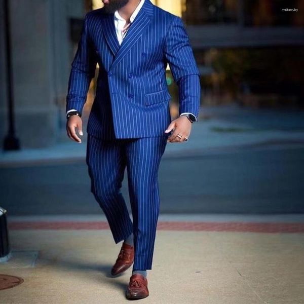 Costumes pour hommes Royal Blue Pinstripe Men 2023 Plus Size Customized Peaked Revers Double Breasted Wedding Grooms Tuxedos (Veste Pantalon)
