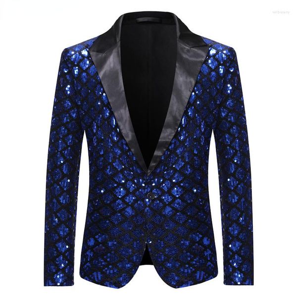 Trajes de hombre Chaqueta Blazer con adornos y lentejuelas de color azul real, chaqueta de esmoquin a cuadros brillante con un botón para hombre, trajes de fiesta de graduación para discoteca para hombre