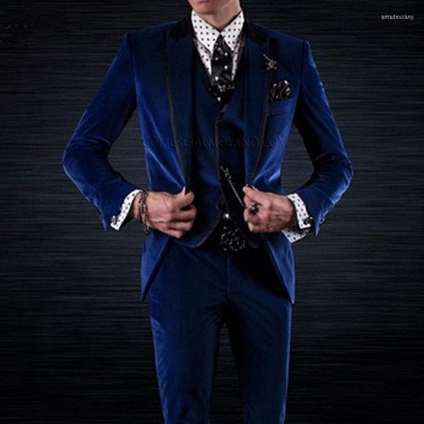 Costumes pour hommes bleu Royal velours marié Tuxedos pour mariage hommes portent 3 pièces mâle mode dîner veste avec pantalon gilet 2023 hiver
