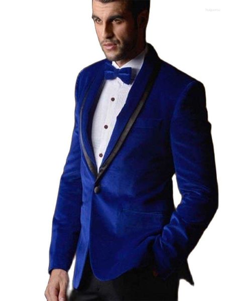 Trajes de hombre Chaqueta de terciopelo azul real Padrino de boda Solapa Novio Esmoquin Blazer Pantalones Traje Trajes de hombre de boda (Chaqueta Pantalones negros Corbata)