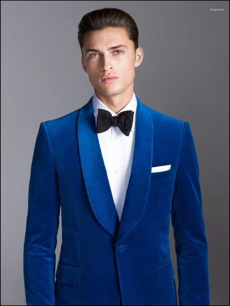 Costumes pour hommes bleu royal velours châle revers formel personnalisé marié mariage pour hommes Slim Fit deux pièces Terno dernières conceptions de pantalon de manteau