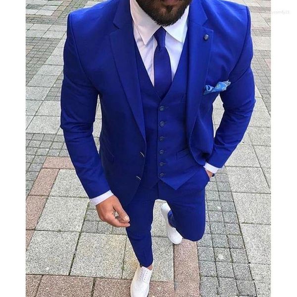 Trajes de hombre azul real boda para hombre personalizado Slim Fit novio esmoquin chal solapa 3 piezas chaqueta pantalones chaqueta masculina (chaqueta chaleco corbata)