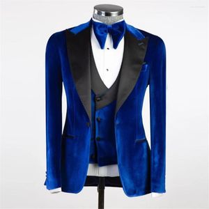 Herenpakken Royal Man Wedding Tuxedo Op maat gemaakt blauw fluweel 3-delig Herenmode Zakelijk etentje Schoolfeest Blazer Kostuum Homme