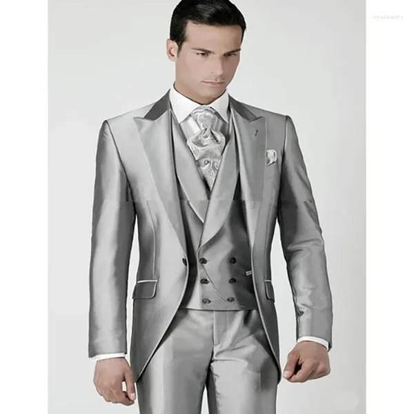 Trajes de hombre Blazer gris satinado Terno Hombres Solapa en pico de un solo pecho Boda formal Chaqueta de lujo de tres piezas Pantalones Chaleco