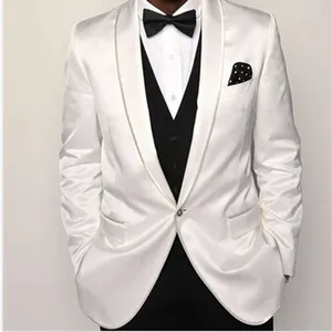 Herenpakken satijnen witte jas zwarte broek vest formele bruiloft mannen bruidegom smoking tuxedo prom blazers hoogwaardige 3 -delige set kostuum