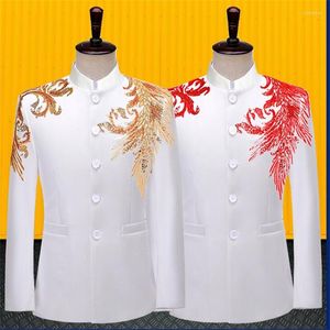 Trajes de hombre Lentejuelas Blazer Hombres Traje de túnica china Diseños Chaqueta Para hombre Etapa Disfraces blancos para cantantes Ropa Estilo de estrella de baile Vestido B556