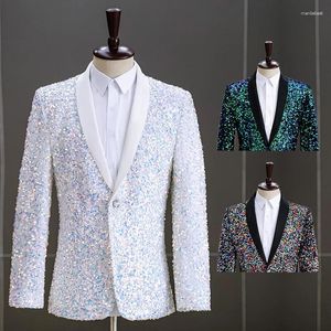 Costumes pour hommes Paillettes hommes costume veste blanc vert scène performance hôte fête de mariage mâle blazer simple bouton mode décontracté homme manteaux