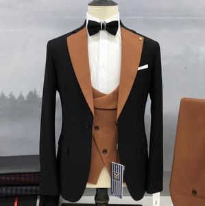 Herenpakken Set Black Suit Orange Edge Standing Collar Business Formal Luxury Wedding Three Piece (jasbroekvest)