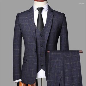 Herenpakken Set Plaid Zakelijke Broekpakken 3 Stuks Slim Fit Jas Broek Vest Formele Blazer Bruiloft Smoking Op Voorraad