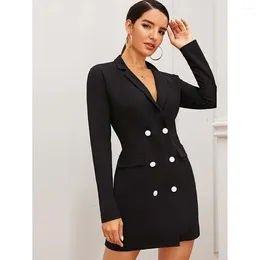 Herenpakken Sexy zwarte damesblazer Double Breasted Notch Revers boven de knie Lange jas Eén stuk Slim Fit Formeel werk Kantoorjurk