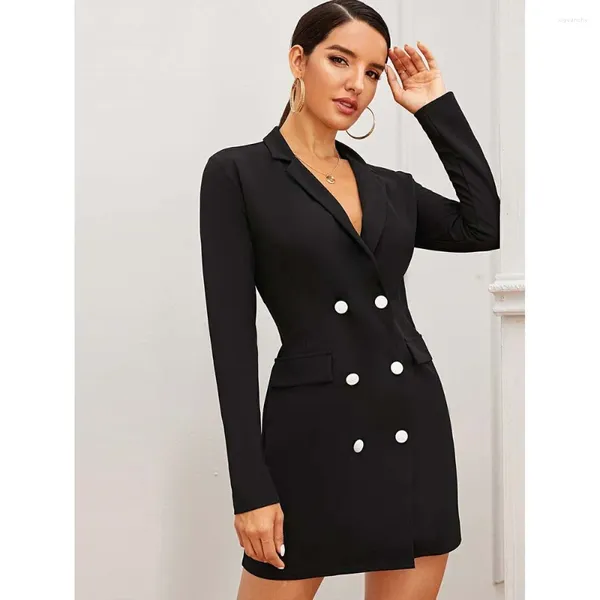 Trajes para hombre Blazer negro sexy para mujer Solapa de muesca con doble botonadura Chaqueta larga por encima de la rodilla Vestido de oficina de trabajo formal ajustado de una pieza