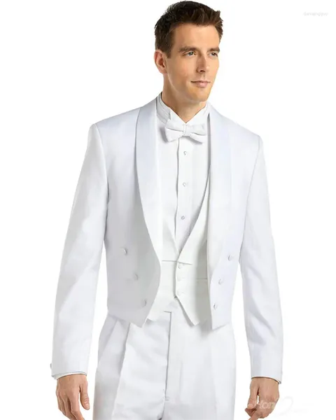 Trajes para hombres Blazer con solapa y chal Pantalones Novio Vestido de novia a medida Hombres Esmoquin blanco 3 piezas (Chaqueta Pantalones Chaleco) Traje para fiesta de cena