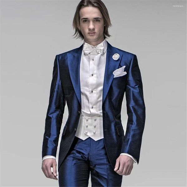 Trajes de hombre Shinny italiano azul marino satén hombres Slim Fit Formal caballeros boda para esmoquin Blazer 2 piezas (CHAQUETA PANTALONES)