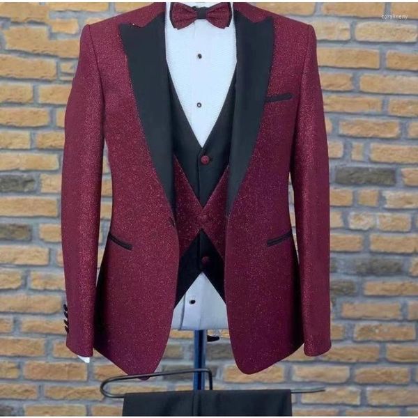 Trajes de hombre brillante Borgoña café hombres boda esmoquin novio traje Homme negro pico solapa Formal graduación chaqueta pantalones chaleco