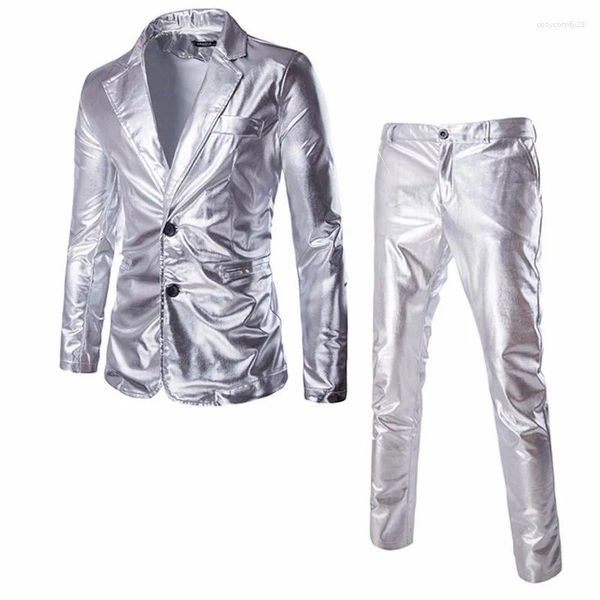 Costumes pour hommes brillant enduit métallique costume Blazer 2024 2 pièces (veste pantalon) discothèque Halloween personnalisé Homme argent