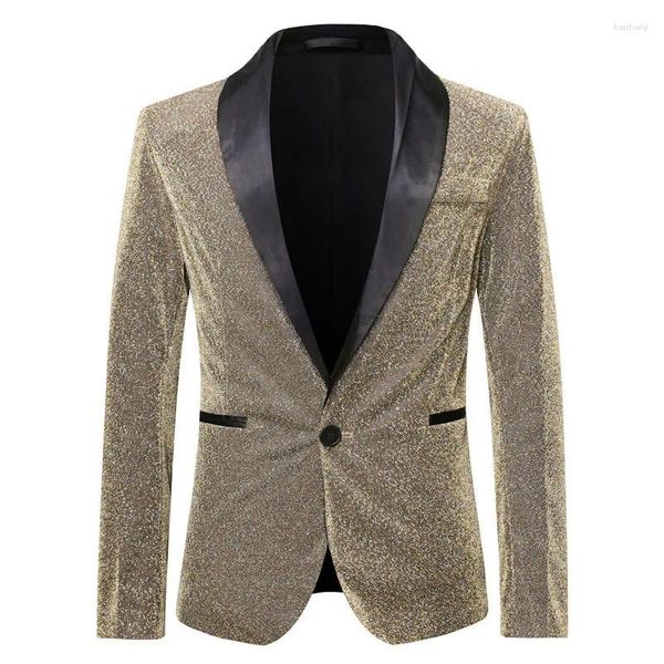 Costumes pour hommes Blazer à paillettes dorées brillantes pour hommes, veste de costume à revers châle à un bouton, DJ Club Bar bal de promo, vêtements de scène pour chanteurs