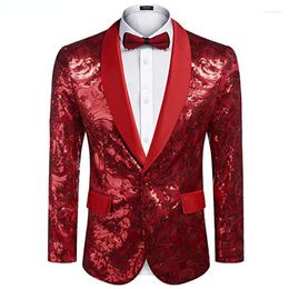 Herenpakken glanzende rode bloemen pailletten tuxedo blazer jas mannen sjaal kraag één knop kerstfeest prom diner nachtclub kostuum homme homme