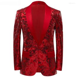 Costumes pour hommes Sequins rouges brillants Blazer Floral Suit Veste de châle Button Tuxedo Blazers Party Banquet de mariage Costume Homme Homme