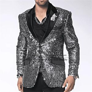 Herenpakken Glanzend Pailletten Zilver Bruiloft Bruidegom Smoking Piekte Revers Mannen 2 Stuks Sets Etentje Mannelijke Prom Blazers Slanke Coustome Homme