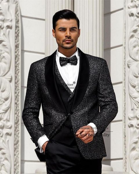 Costumes pour hommes Paillettes brillantes Noir Hommes pour le mariage Revers en pointe Groom Tuxedos 3 Pièces Ensemble Mode Homme Prom Blazer Gilet Pantalon Outfit