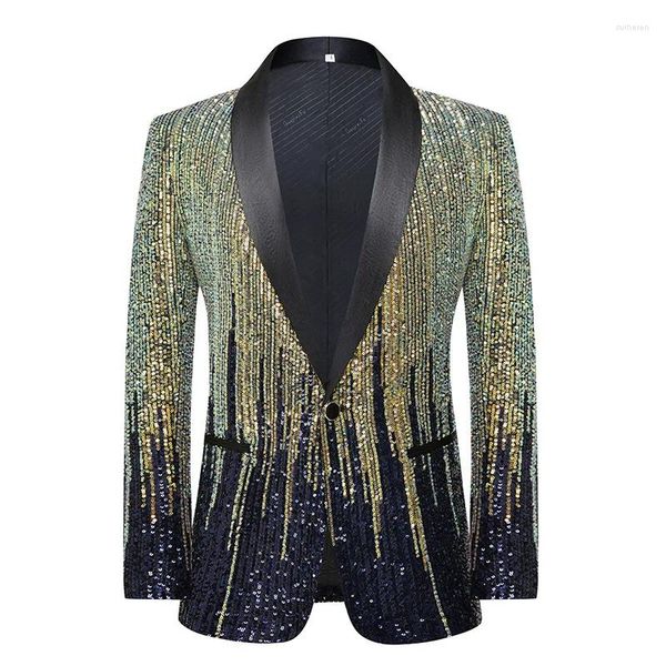 Costumes pour hommes Rayures brillantes Paillettes Costume Vestes Col Châle Bouton Unique Slim Blazer Manteau Scène Fête Bal De Mariage Costume De Smoking