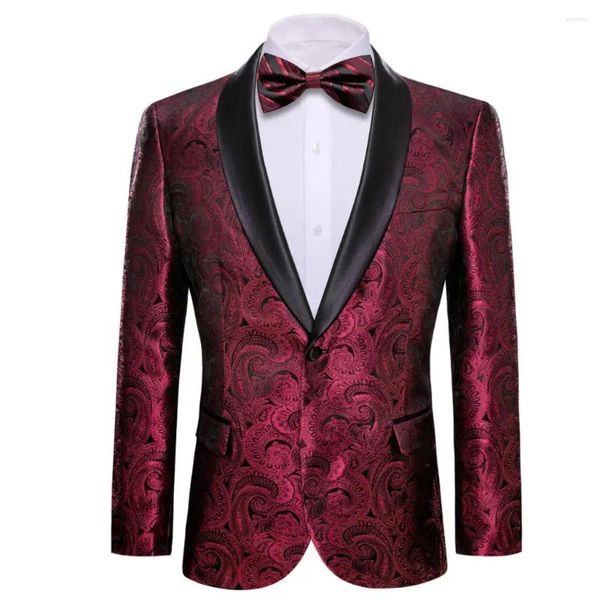 Costumes pour hommes Soie Hommes Rouge Noir Paisley Blazer Bowtie Set Slim Fit Casual Business Jacket Manteau Mariage Groomsmen Robe Barry.Wang