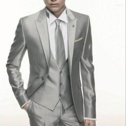 Costumes pour hommes argent gris Satin mariage hommes costume formel maigre élégant mâle Blazer fête personnalisé smoking 3 pièces Vestidos pour