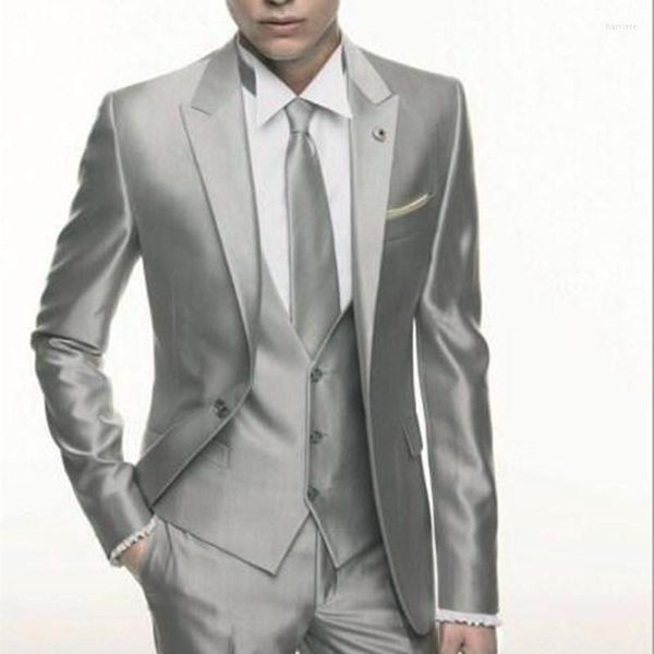 Costumes pour hommes argent gris Satin mariage hommes costume formel maigre élégant mâle Blazer fête personnalisé smoking 3 pièces Vestidos hommes