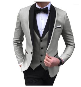 Herenpakken zilveren grijs tuxedos heren 3 -delige zwarte sjaal reverscasual voor bruiloft groomsmen mannen 2023 (blazer vest pant) blazers