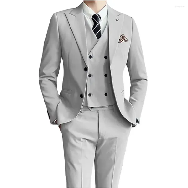 Trajes de hombre de plata para hombre, 3 piezas, solapa con visera, ropa masculina de un solo pecho, vestido de fiesta de boda de lujo, Blazer, traje para hombre