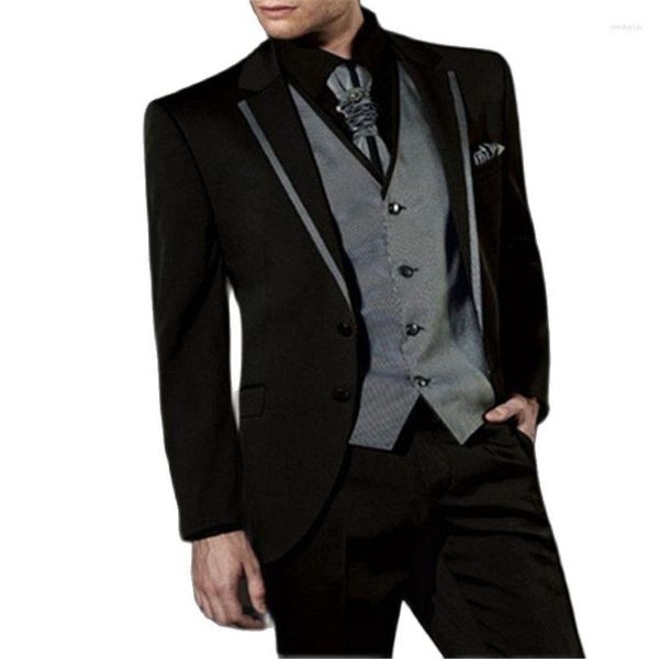 Costumes pour hommes Gilet argenté Pantalon blazer noir 2 boutons Mariage Hommes 3Pcs (Veste Pantalon Gilet) Homme Groomsman Business Prom Tuxedo